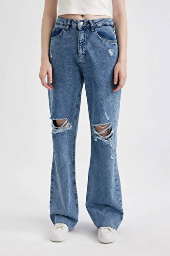 DeFacto 90s Wide Leg Ripped Detail High Waist Wide Leg Long Jean Trousers C2385AX24SM