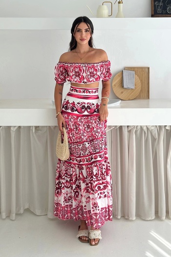 AsprinFashion Desenli Crop Etek Takım Kırmızı