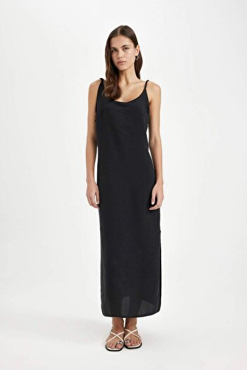DeFacto Straight Fit Yuvarlak Yaka Modal Askılı Siyah Maxi Elbise C8231AX24SM
