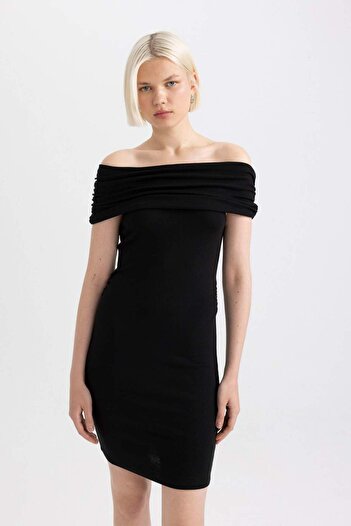 DeFacto Bodycon Vücudu Saran Omuzu Açık Fitilli Kaşkorse Uzun Kollu Mini Elbise D1171AX24SM