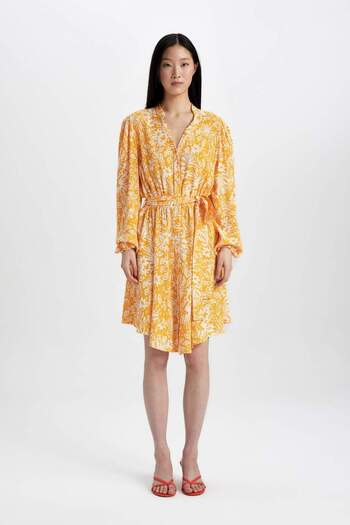 DeFacto Marocain Long Sleeve Midi Dress with Peep Collar Floral Pattern C3386Ax24Sm