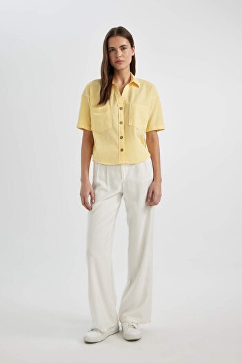 DeFacto Linen Blended Oversize Shirt Collar Blouse - Short Sleeve C6193axyl118