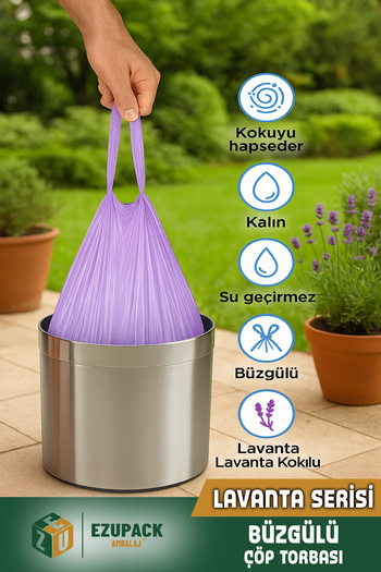 Ezupack 40 Lt ( 5 PAKET ) Avantaj Paket Orta Boy Lavanta Kokulu Büzgülü Çöp Poşeti Çöp Torbası 50 Adet