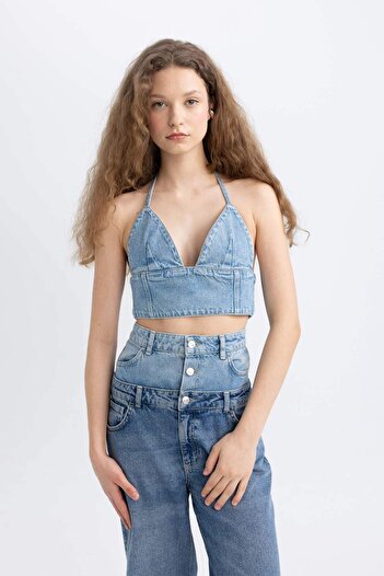 DeFacto Boyundan Bağlamalı Crop Jean Bluz C5862AX24SP