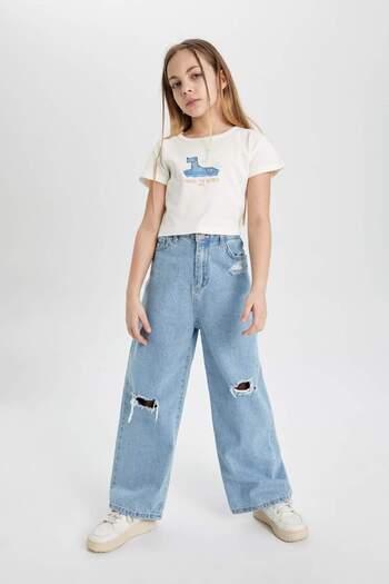 DeFacto Bedrucktes geripptes Kurzarm-T-Shirt für Mädchen mit Rundhalsausschnitt C2217A824SM