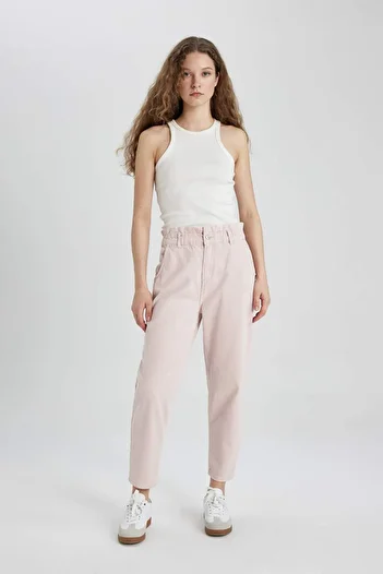 DeFacto Paperbag High Waist Relaxed Fit Lightweight Straight Leg Ankle Length Jean Pants C1280Ax24Sm