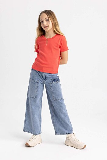 DeFacto Girls Slim Fit Slim Fit Crew Neck Ribbed Basic Plain Short Sleeve T-Shirt B3054A824Sm