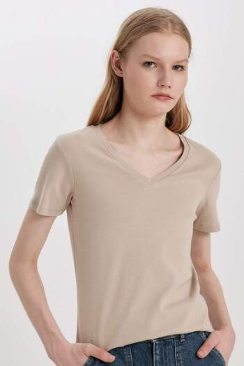 DeFacto Slim Fit Slim Fit V Neck Rib Basic Solid Short Sleeve T-Shirt I1080Az24Sm