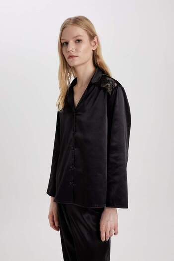 DeFacto Regular Fit Long Sleeve Satin Casual Pajama Top-Fall in Love B6198Ax24Sp