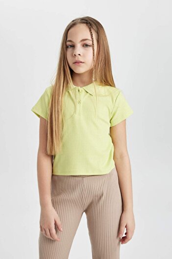 DeFacto Girls' Ribbed Short Sleeve Polo T-Shirt - Slim Fit Slim Fit Z7794A624Sm