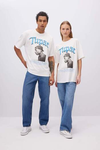 DeFacto Unisex Coool Tupac Shakur Oversize Φαρδύ μπλουζάκι με κοντό μανίκι C3801AX24SM