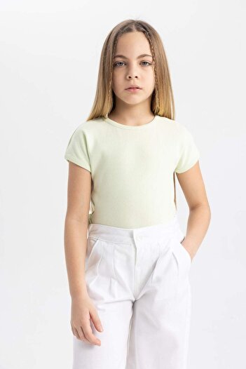 DeFacto Girls Slim Fit Slim Fit Crew Neck Basic Solid Ribbed Camisole Short Sleeve T-Shirt B3053A824Sm