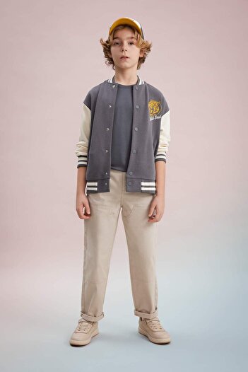 DeFacto Boys' College Collar Snap Closure Pocket Seasonal Back Printed Bomber Jacket B6419A824Sp