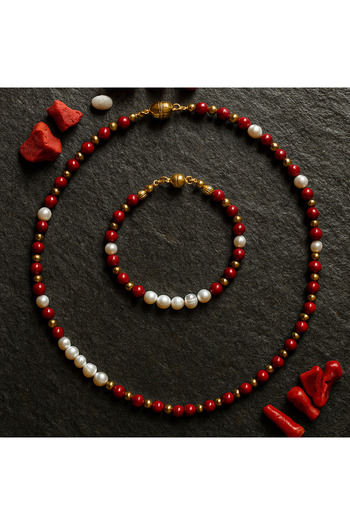 Asteria Elite Real Pearl Coral Emotional Balance and Evil Eye Protection Necklace Bracelet Set