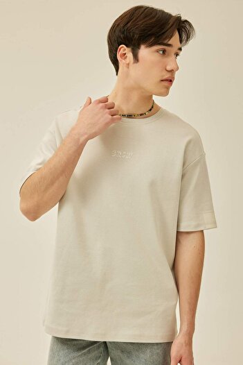 DeFacto Comfort Regular Fit Άνετη εφαρμογή Crew λαιμόκοψη με εμπριμέ κοντομάνικο βαρύ υφασμάτινο μπλουζάκι B4220AX24SP