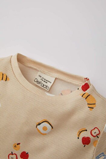 DeFacto Erkek Bebek Yiyecek Baskılı Uzun Kollu Waffle Pijama Takımı C0730A524SP