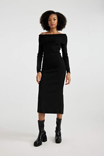 DeFacto Slim Fit Dar Kesim Açık Omuz Basic Düz Uzun Kollu Midi Triko Elbise C0618AX23WN