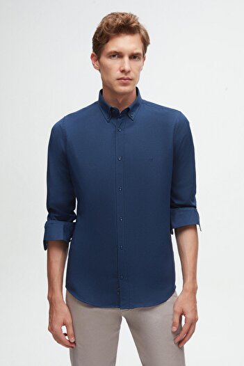 D'S Damat Indigo Slim Fit Oxford Cotton Shirt - Buttoned Collar and Embroidery Detail