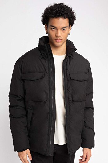DeFacto Voděodpudivý péřový kabát Slim Fit Slim Fit Stojací límec na zip Dvojitá kapsa A3662ax23wn