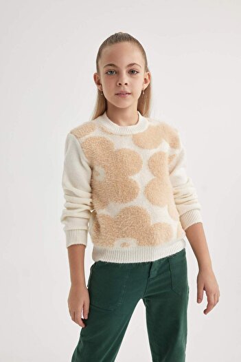 DeFacto Pulover pentru fetiță, cu decolteu floral, tricotaj A6016A823WN