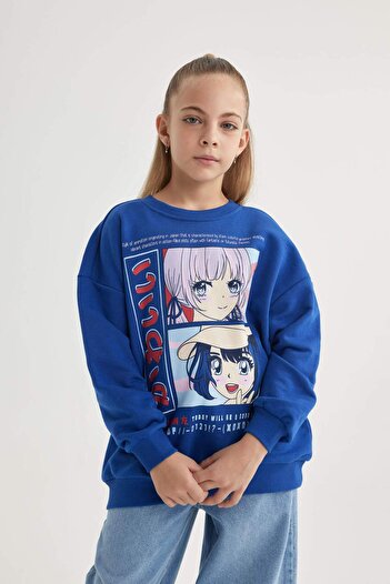 DeFacto Kız Çocuk Relax Fit Bisiklet Yaka Baskılı Sweatshirt B4673A823WN
