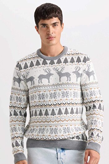 DeFacto Standard Fit New Year's Themed Crew Neck Sweater Y1928Az23Wn