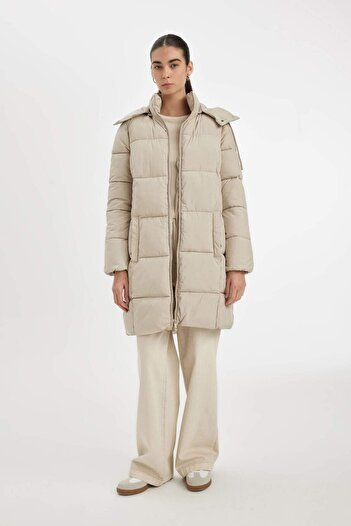 DeFacto Puffer Inflatable Long Coat Parka Water Repellent Regular Fit Removable Hood A1315Ax23Wn
