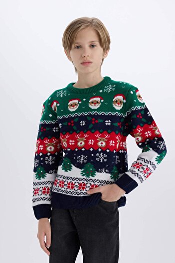 DeFacto Fiú újévi témájú Mini Me Crew nyakú kötöttáru pulóver B2246A823CW