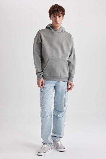 DeFacto Oversize Wide Fit Hooded Kangaroo Pocket Basic Plain Sweatshirt A4331Ax23Au