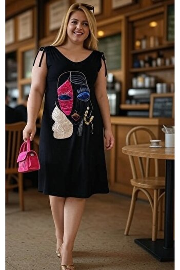 For Big Trend Women's Plus Size Front Back V Neck Face Embroidery Shoulder Tie Stretchy Sleeveless Midi Knitted Dress