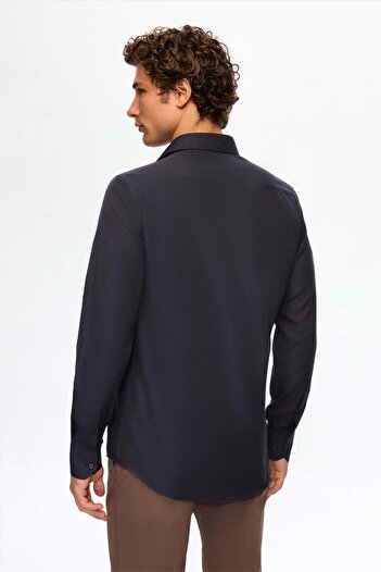 D'S Damat Ds Damat Slim Fit Lacivert/Kahverengi İtalyan Yaka Kolay Ütülenebilir 2'Li Gömlek