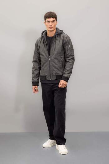 DeFacto Slim Fit Hooded Bomber Faux Leather Coat N9682Az23Wn