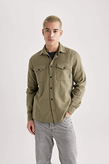 DeFacto Regular Fit Polo Yaka Basic Düz Pamuklu Uzun Kollu Gömlek B2654AX23AU
