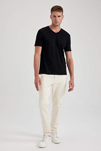 DeFacto 100% Cotton Slim Fit Tight-Fitting V-Neck Short Sleeve T-Shirt B0646Axns