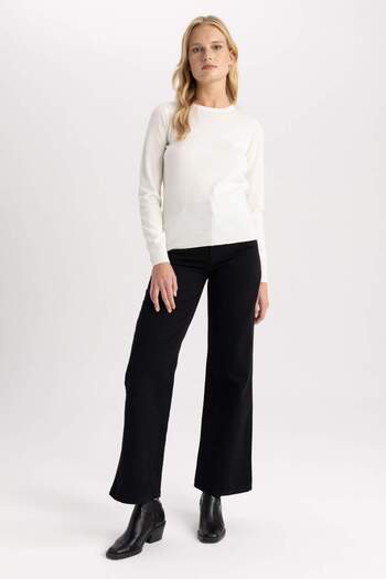 DeFacto Regular Fit Crew Neck Soft Textured Basic Plain Knitwear Sweater F7091Az23Wn