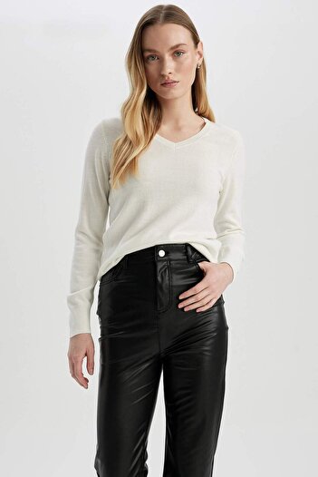 DeFacto Regular Fit V-Neck Basic Plain Knitwear Sweater F7088Az23Wn