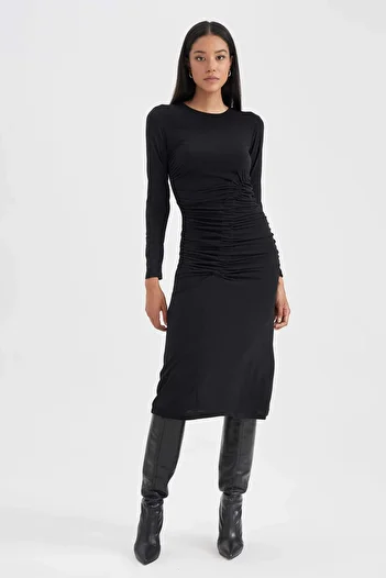 DeFacto Bodycon tělo obepínající midi šaty s kulatým výstřihem a dlouhým rukávem B1819ax23au