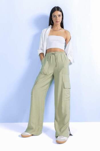 DeFacto Baggy Pants Wide Leg Elastic Waist Lace-Up Wide Loose Leg with Pockets High Waist Long Length Leg Ripped