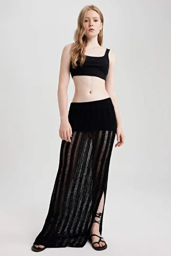 DeFacto Fusta maxi neagră slim fit croșetată cu fantă A9259AX23SM