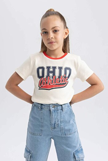 DeFacto Girls' Ribbed Camisole Printed Short Sleeve T-Shirt B0427A823Hs