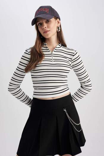 DeFacto Coool Fitted Shirt Collar Striped Long Sleeve Crop T-Shirt A0302Ax23Sp