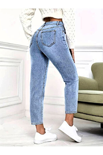 rengamoda Γυναικείο τζιν παντελόνι Mom Fit με σκισμένη λεπτομέρεια