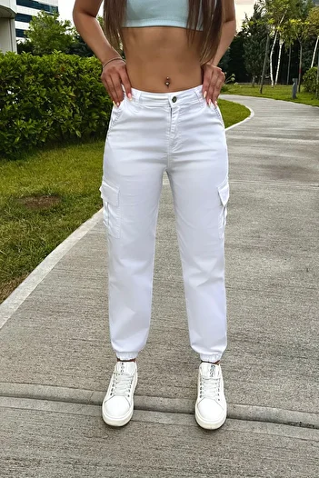 BİKELİFE Bílé látkové kalhoty Cargo Pocket Gabardine