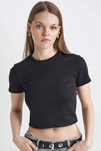 DeFacto Coool Fitted Ribana Basic Plain Crop Short Sleeve Black T-Shirt T9631Az22Sm