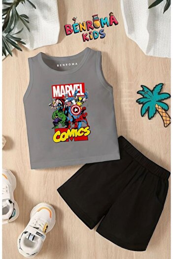 BENROMA Cartoon Character Printed Shorts Tee Unisex Children's Set