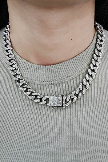 Chavin 13 mm. Kalın 45 cm. Taşlı Gri Alloy Kadın Zincir ek55by