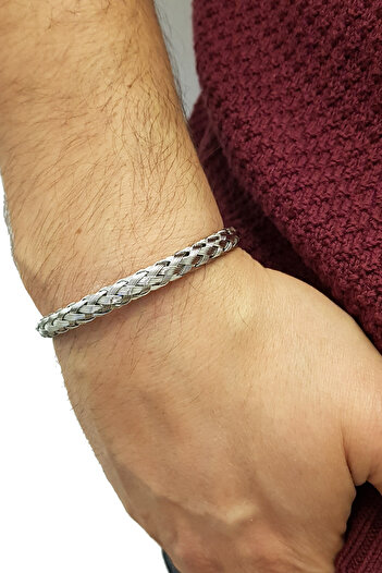 Chavin 6 mm. Gri Örgü Kelepçe Çelik Erkek Bileklik ec53by