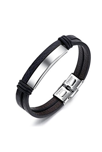 Chavin Gray Steel and Leather Steel Men's Bracelet dy76by