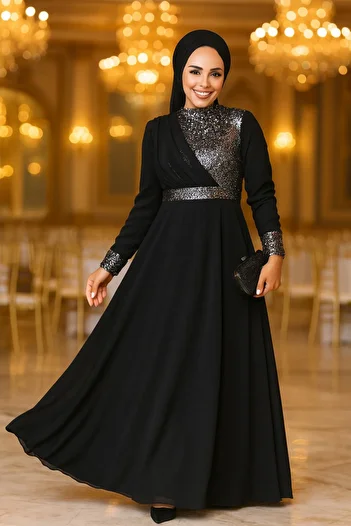 Neva Style Βραδινό φόρεμα Hijab Ασημένιο Κεντημένο με παγιέτες 5793 γρ