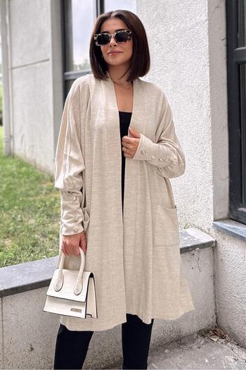NEW LAVİVA Women's Beige Plain Shawl Collar, Long Sleeve, Button Detailed Slit Soft Textured Long Oversize Cardigan